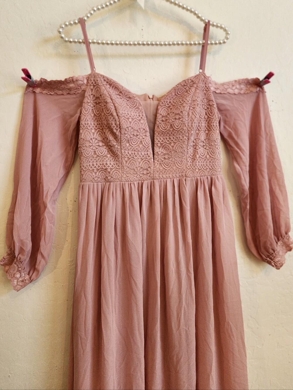 Ever Pretty One-Shoulder Lace Bodice Maxi Dress in Dusty Rose